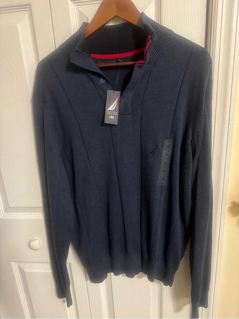 Nautica Men's Navy Zip-Front Cotton Sweater with Red Trim
